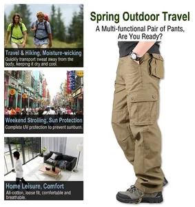Detailed side view of men's khaki cotton cargo pants with multiple utility pockets.