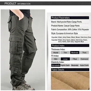 Detail view of men's multi-pocket cargo pants with fabric and fit information.