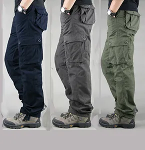 Detail view of men's multi-pocket cotton cargo pants in navy, grey, and green.