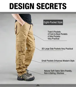 Detailed side view of khaki cotton cargo pants featuring multiple utility pockets