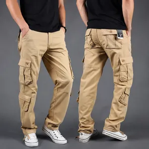 Durable khaki cotton cargo pants for men featuring multiple pockets and a loose straight fit