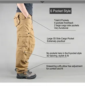 Detailed view of khaki multi-pocket cargo pants featuring adjustable drawstring hems and side pockets.