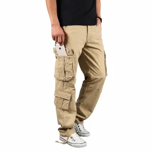 Men's khaki loose fit multi-pocket cargo pants for outdoor casual wear and work style