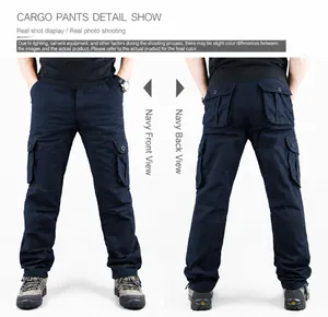 Detail view of navy blue cargo pants with six pockets shown from front and back angles.
