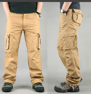 Heavy cotton khaki cargo pants for men featuring multiple pockets and side profile