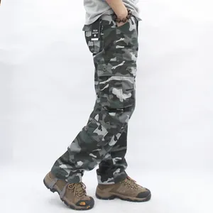 Detailed side view of men's camouflage cargo pants featuring multiple large utility pockets