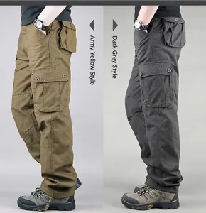 Side view of multi-pocket cargo pants in military yellow and dark grey