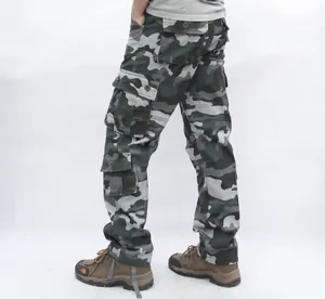Close-up detail of men's camouflage multi-pocket cargo pants showing side pockets