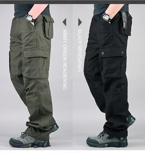 Heavy cotton men's outdoor cargo pants displayed in army green and classic black variants