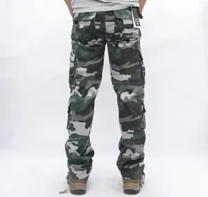 Back view of men's camouflage cargo pants with multi-pockets and straight leg design
