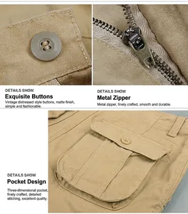Detailed macro views of the button, metal zipper, and side pocket on khaki cargo pants