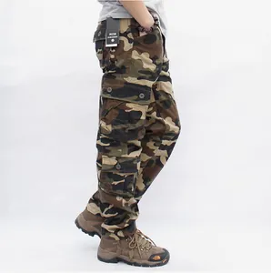 Side view of men's loose camouflage cargo pants with multiple functional pockets