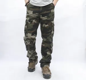 Detailed view of men's camouflage cargo pants featuring multiple utility pockets and straight-leg fit
