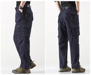 Seiten- und Rückansicht von marineblauen Cargohosen für Herren mit Taschen