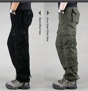 Side view of men's thick cotton cargo pants shown in black and army green color options.