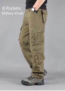 Detailed view of durable men's army yellow pure cotton cargo pants with eight pockets.
