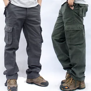 Men's Casual Cotton Cargo Pants Straight Fit Multi-Pocket Outdoor Work Trousers Loose Plus Size Solid Color Long Pants