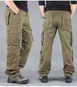 Olive green heavy cotton cargo pants with multiple functional button-down pockets