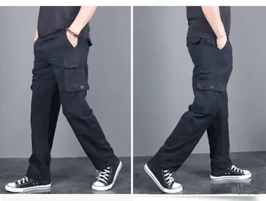 Detailed side views of men's black loose-fit multi-pocket wear-resistant tactical cargo pants