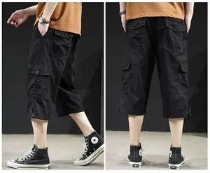 Men's loose fit black cargo cropped pants with multi-pockets for casual summer wear