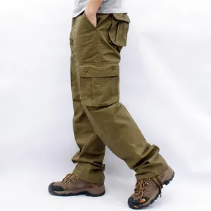 Professional men's loose fit multi-pocket cargo pants in khaki color shown from a side view.