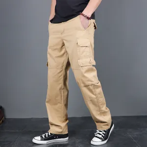 Men's durable khaki cargo pants featuring multiple utility pockets and tactical design.