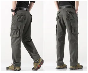 Detaillierte Seiten- und Rückansicht der dunkelgrünen Cargo-Hose mit 3D-Taschen für Herren
