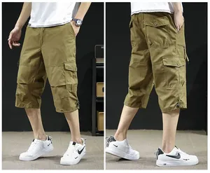 Men's loose khaki cargo shorts with multiple pockets shown from front and back views