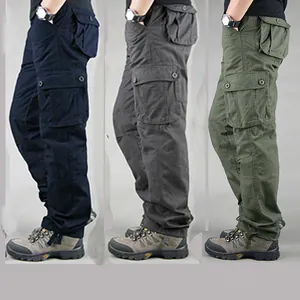 Thick men's cotton cargo pants in navy, grey and green colors shown from side profile