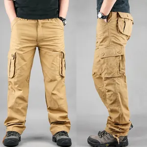 Men's khaki cotton cargo pants with side pockets for autumn and winter