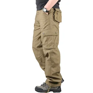 Men's thick cotton cargo pants in khaki with multi-pockets for outdoor casual wear