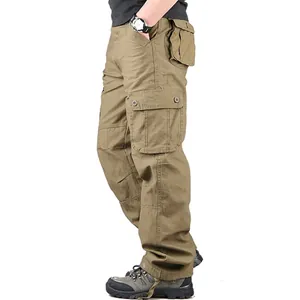 Pantaloni cargo kaki larghi da uomo con tasche multiple e taglio dritto, vista laterale