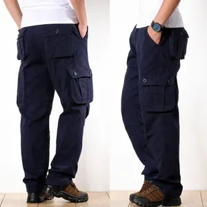 Navy blue multi-pocket cargo pants shown from side and back views.