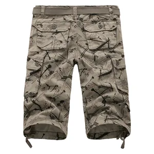 Back view of khaki men's cargo shorts with black graffiti print and belt