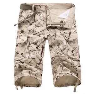 Detailed view of men's loose cotton cargo shorts featuring a stylish all-over print