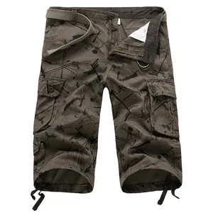 Detailed view of men's cotton cargo 3/4 shorts with graffiti print and functional pockets.
