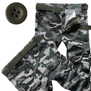 Men's camouflage cargo pants featuring multiple utility pockets and a matching belt