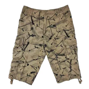 Men's casual cotton cargo cropped pants with abstract graphic print relaxed fit