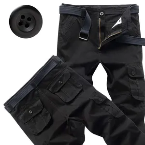 Men's black cargo pants with multi-pockets and belt, loose fit casual work trousers