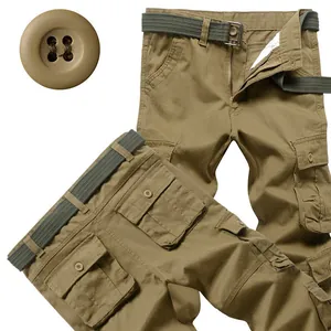 Men's loose multi-pocket cargo pants with belt in khaki olive green workwear style
