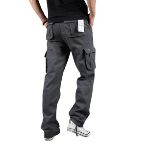 Rear view of men's loose straight-leg dark grey cargo pants with functional side pockets