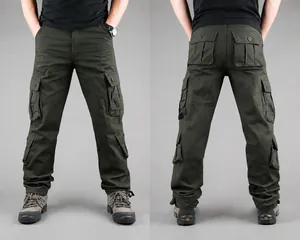 Men's army green cotton cargo pants, detailed front and back view with multi-pockets