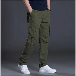 Side view of olive green fleece-lined men's cargo pants with multi-pocket design