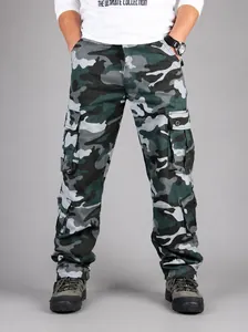 Front view of men's blue camouflage cargo pants with multiple utility pockets