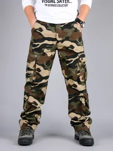 Detailed view of durable cotton camouflage cargo pants with multiple utility pockets