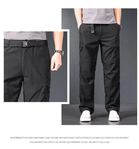 Detailed view of men's black ice silk cargo pants with breathable quick-dry fabric and belt