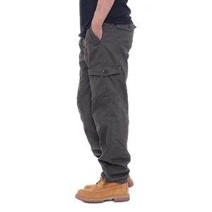 Detailed side view of dark grey men's loose fit multi-pocket pure cotton cargo pants