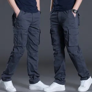 Men's multi-pocket cargo pants in dark grey with elastic waist and straight leg fit