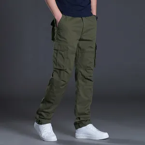 Olive green men's multi-pocket cargo pants with elastic cuffs for outdoor casual wear