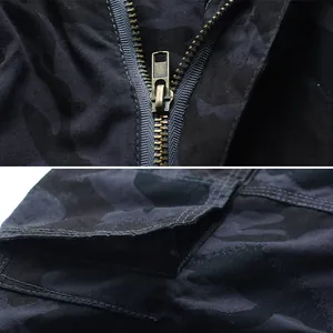 Close-up details of men's loose camouflage cargo shorts showing zipper and pockets